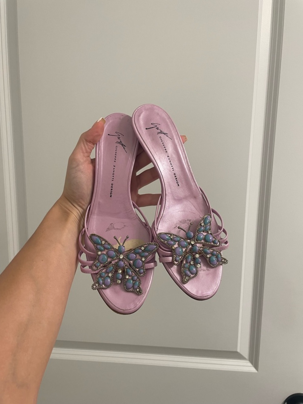 Giuseppe Zanotti Lilac Satin Slide Sandals with Jeweled Butterfly